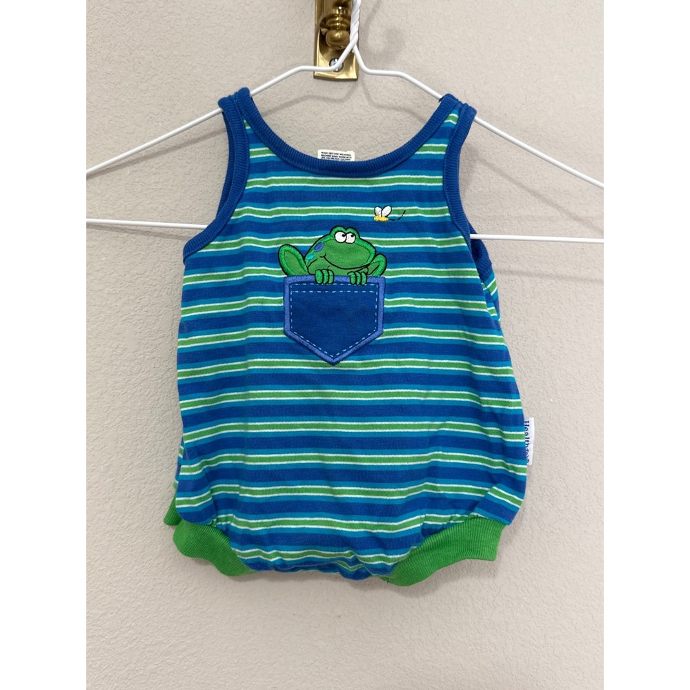 Vintage Healthtex Frog Romper Baby 0-3 Months Blue Green Striped Sleeveless